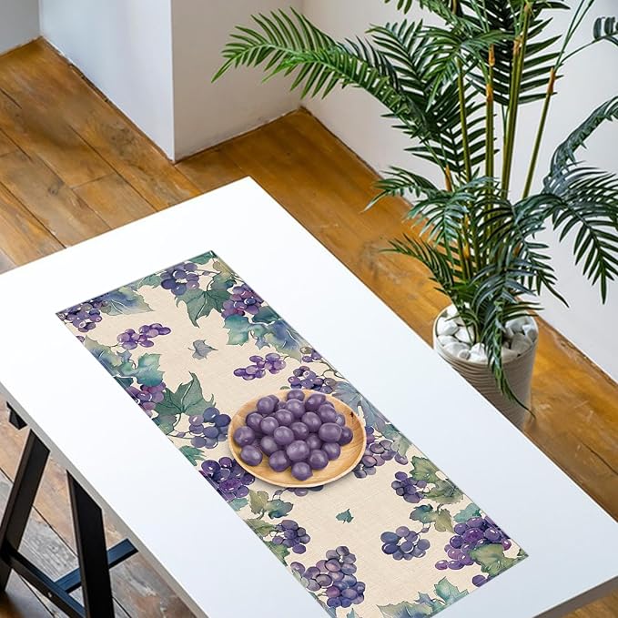 Watercolor Grapes Table Runner, Sweet Fruit Kitchen Dining Table Decoration, Spring Summer Burlap Indoor Outdoor Home Decor Party Supply 13 x 36 Inches