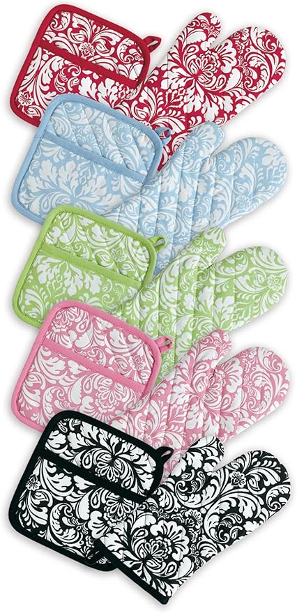 DII Quilted Kitchen Oven Mitt & Potholder Set, Hanging Loop for Convenient Storage, OM 6.5x12/PH 8x8.5, Pink Damask Print, 2 Piece