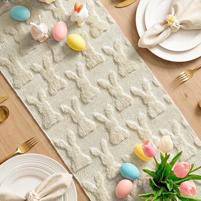 Artoid Mode Beige Soft Plush Faux Fur Jacquard Bunny Rabbit Easter Table Runner, Seasonal Spring Kitchen Dining Table Decoration for Home Party Decor 13x72 Inch
