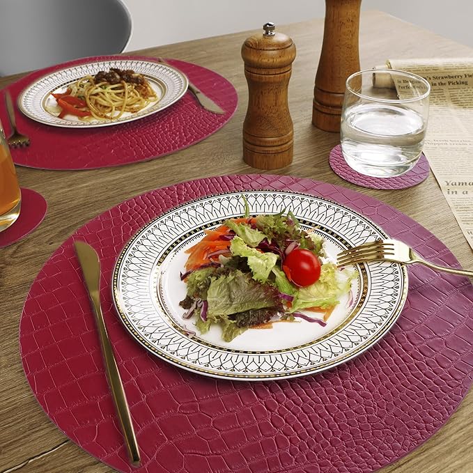 Jovono Round Leather Placemats for Round Tables Set of 8, Red Place Mats and Coasters, Wipeable Waterproof Heat Resistant Table Mats Easy to Care for Indoor Decor 13 inch Diameter