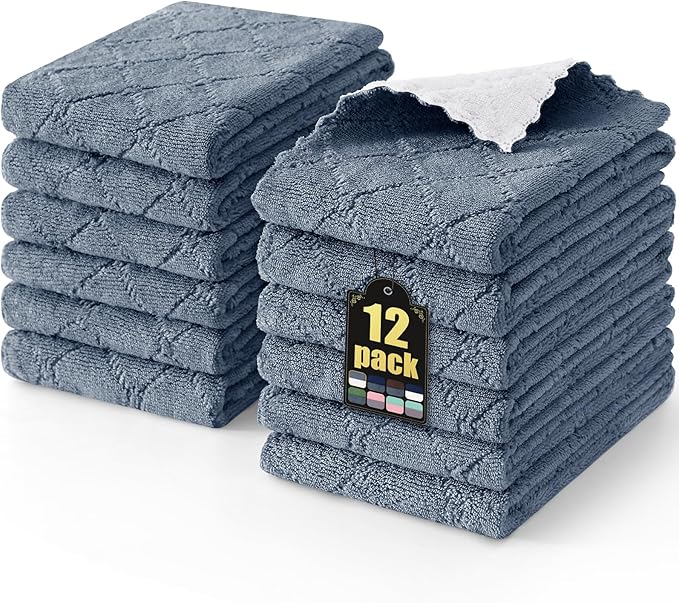 Mordimy 12 Pack Kitchen Towels (20" x 10", Dark Grey & White), Super Soft and Absorbent Dish Towels, Coral Velvet Microfiber Cleaning Cloth, Nonstick Oil Fast Dry Dish Cloths