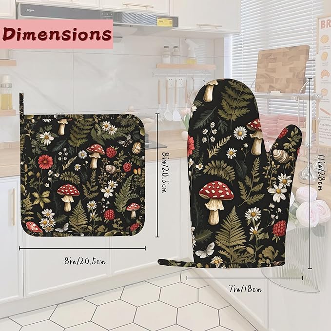 Mushroom Heat-Resistant Silicone Oven Mitts and Pot Holders,Herb Plant Berry Butterfly Long Oven Gloves with Non-Slip Grip for Cooking, Baking, Grilling,BBQ