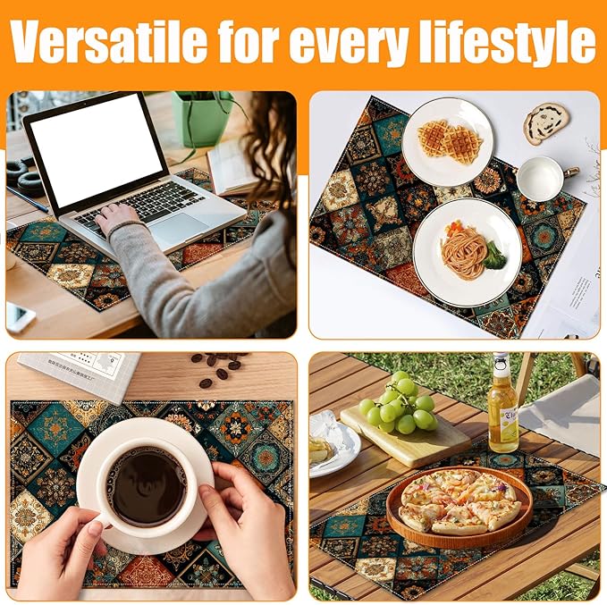 Colorful Bohemian Placemats Set of 6,12 x 18 Inch Table Mats Washable Heat Resistant Linen Fabric Rectangle Place Mat for Party Home Kitchen Dining