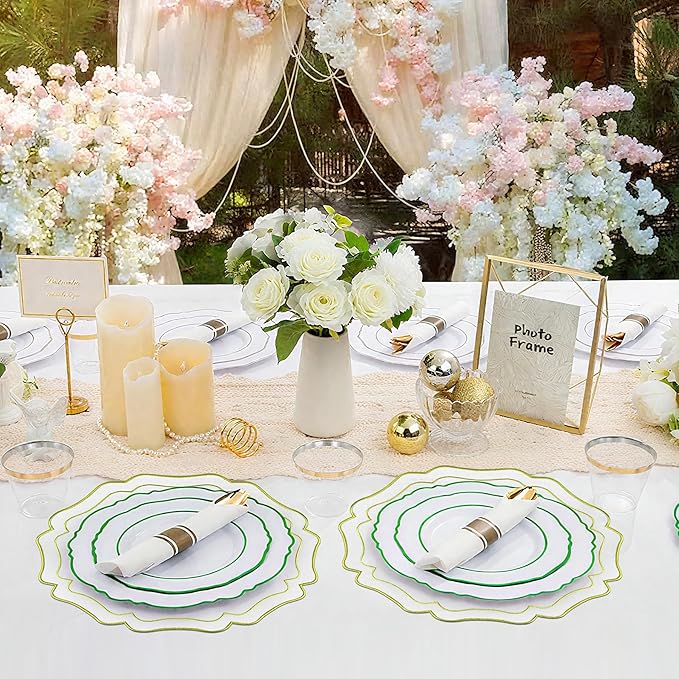 4 Sets Ribbon Twirl Cotton Linen Placemats, 15 inch Embroidery Round Cloth Table Mats with Green Scalloped Edge Washable Fabric Place Mats Flower Shape for Wedding Baby Shower Party Table Decor