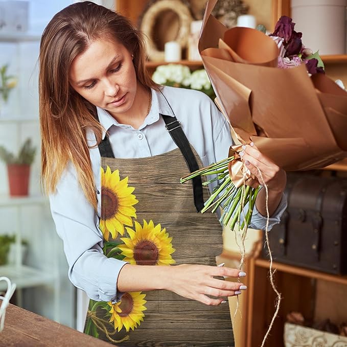 Britimes Apron Home Kitchen Cooking Baking Gardening for Women Men with Pockets Autumn Sunflowers Wooden Board Flower 32x28 inch