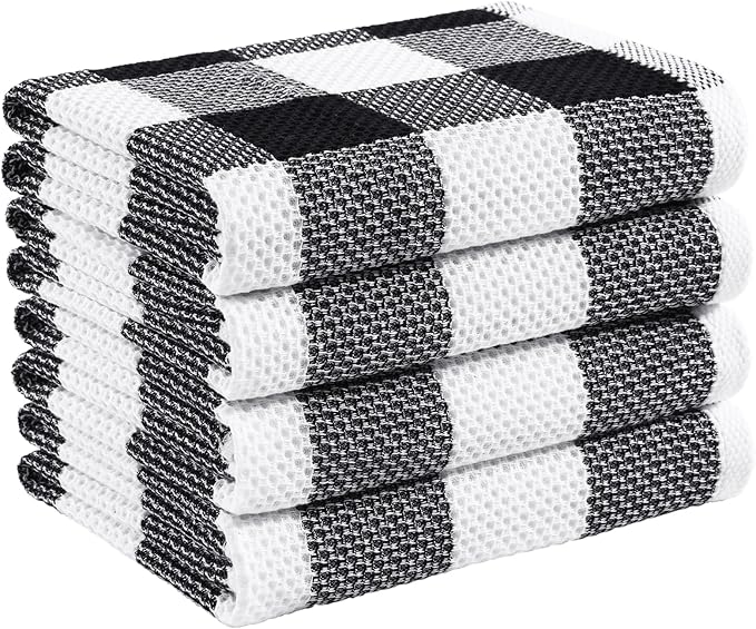 Mordimy 100% Cotton Waffle Weave Kitchen Towels, 20 x 28 Inches, Super Soft and Absorbent Buffalo Check Large Dish Towels for Drying Dishes, 4-Pack, Black & White