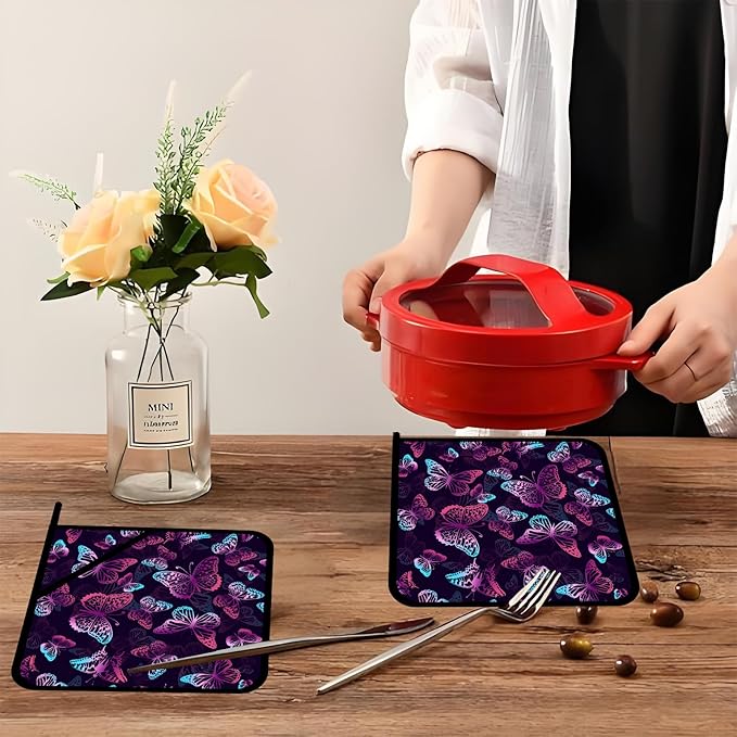 Purple Neon Butterfly Pot Holders 2 PCS,Kitchen Heat Resistant Hot Pads for Cooking Grilling Baking BBQ, Pot Holders for Women Cook Home Microwave