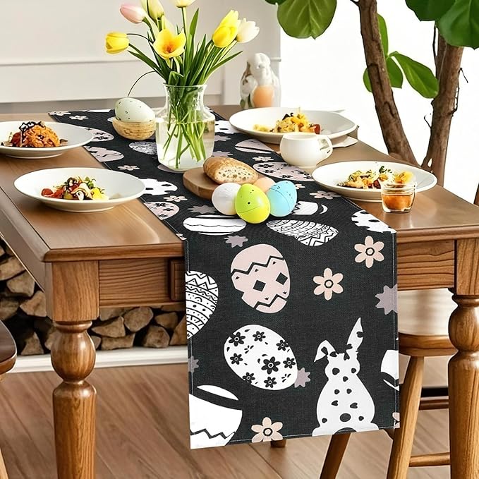 Easter Table Runner 72 Inches Black – Spring Easter Egg Bunny Decorations, Durable Dining Kitchen Holiday Decorative Table Runner