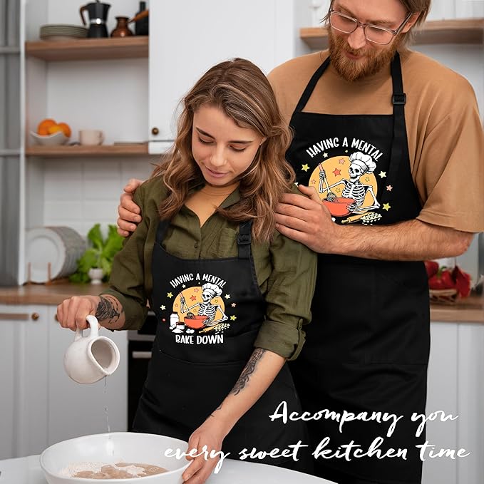 Funny Gothic Skeleton Baking Apron with Pockets, Funny Baking Gifts, Having a Mental Bake Down Waterproof Adjustable Cooking Apron for Kitchen Dishwashing Grilling
