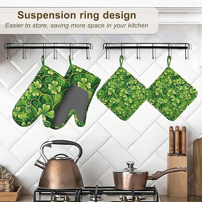 Oven Mitts and Pot Holders St. Patrick Day Silicone Kitchen Accessories Set of 4 Heat Resistant Gloves Green Clover Potholder Non-Slip Grip for Chef Cooking Baking Grilling BBQ