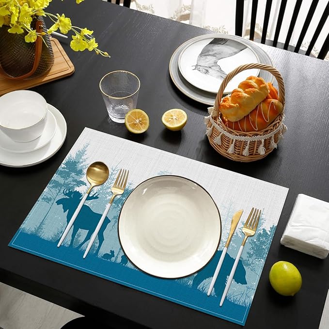 Misty Bear Deer Placemats Set of 6, Washable Heat Resistant Table Mat Forest Animal Linen Place Mats for Party Kitchen Dining Home Decor 12x18 Inch