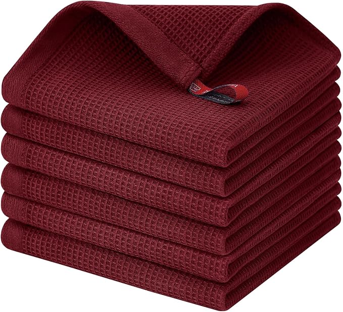 Homaxy 100% Cotton Waffle Weave Dish Cloths - 6 Pack Soft and Absorbent Dish Towels - 12 x 12 Inches Quick Dry Dish Rags - Burgundy