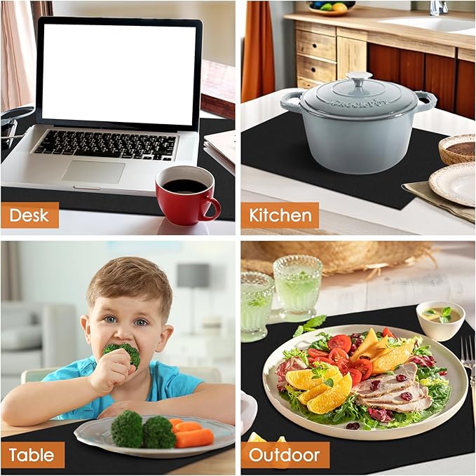 MANSPHIL Black Cloth Placemats Set of 4 Washable Thick Faux Linen Table Place Mats Heat Resistant Double Layer Fabric Wrinkle Free Dining Kitchen Table Decor - 13x19 Inch Oeko Tex Placemat