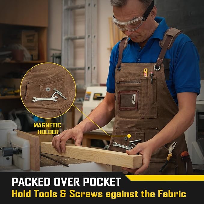 COOLJOB 16oz Waxed Canvas Work Apron with Tape Holder, Deep Pockets and Adjustable Strap, Men's Oversized Shop Apron