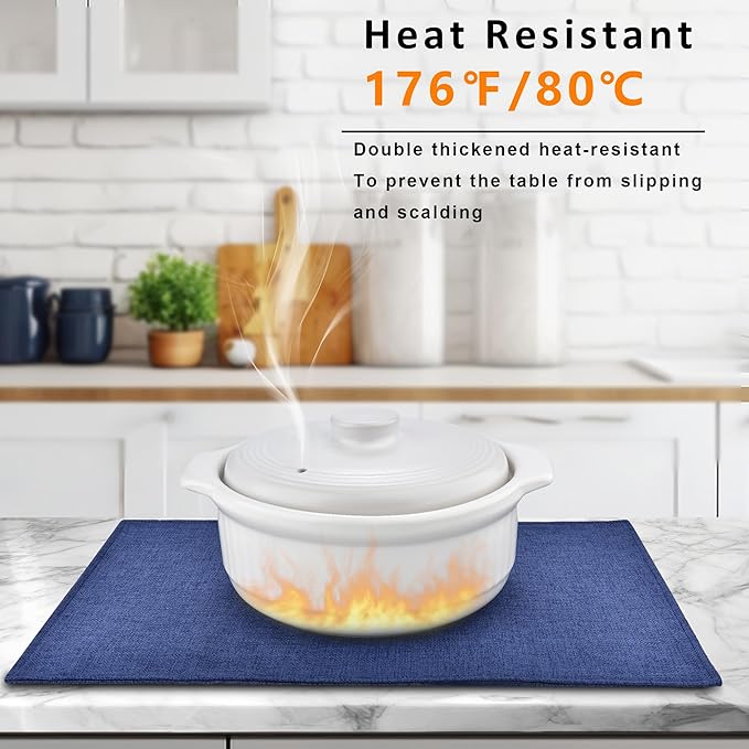 SLKQG Blue Linen-Look Placemats Set of 8, Heat Resistant & Machine Washable Double-Layered Cloth Placemats for Dining Table, Indoor/Outdoor Use, Non-Slip Kitchen Table Mats (8, Navy Blue)