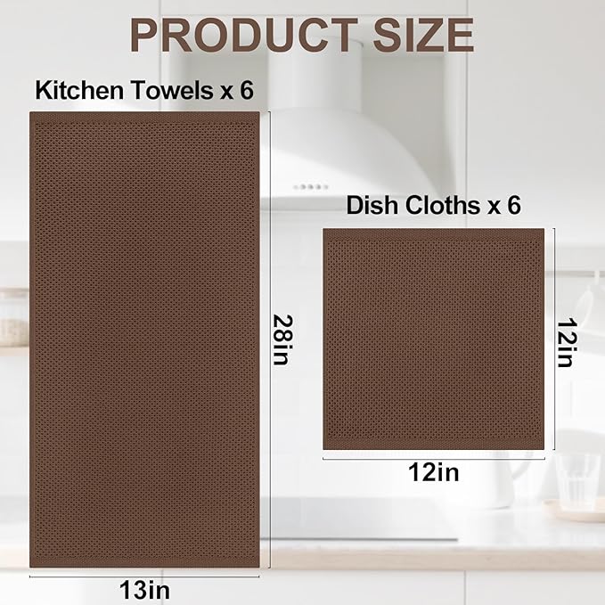 Homaxy 100% Cotton Kitchen Towels and Dishcloths Set, 12 x 12 Inches and 13 x 28 Inches, Set of 12 Bulk Kitchen Towels Set, Ultra Soft Absorbent Dish Cloths for Washing Dishes, Coffee