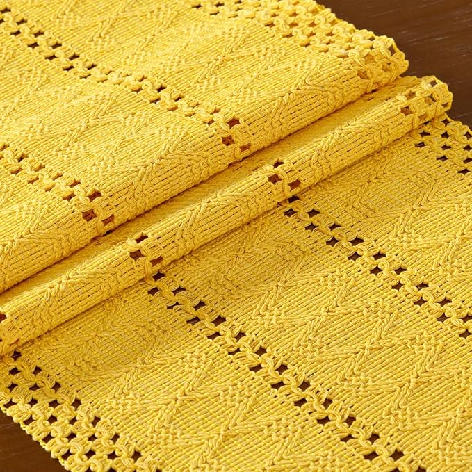 DeZerlor Boho Macrame Table Runner Spring Easter Farmhouse Woven Table Runner with Tassels 108 Inches Gold Yellow Cotton Linen Kitchen Table Decor for Dining Dresser Home Tea Table Decor
