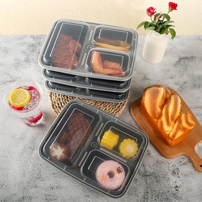 Meal Prep Containers 3 Compartment 20 Pack, 32 oz Divided Reusable Food Storage Containers with Lids Takeout Food Storage Black with 20 Forks, Microwave Dishwasher Freezer Safe, BPA Free