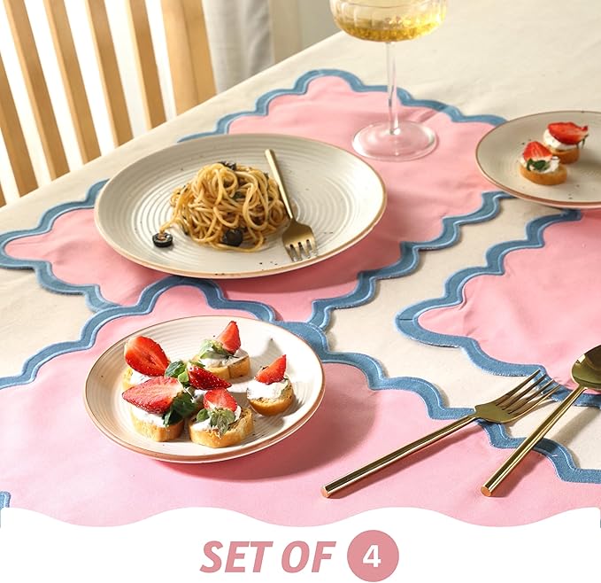 Folkulture Placemats Set of 4 (13 x 19) | 100% Cotton, Cute, Heat Resistant,Machine Washable Scalloped Place Mats | Pink Rectangular Cloth Table Placemats or Dining Table Mats for Dinner Party