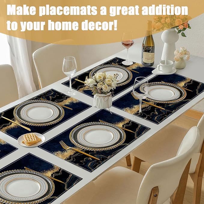 Abstract Navy Blue Marble Placemats Set of 6, Linen Place Mat Washable Stain Resistant Table Mats for Farmhouse Kitchen Dining Holiday Party Wedding Decor 12x18 Inch