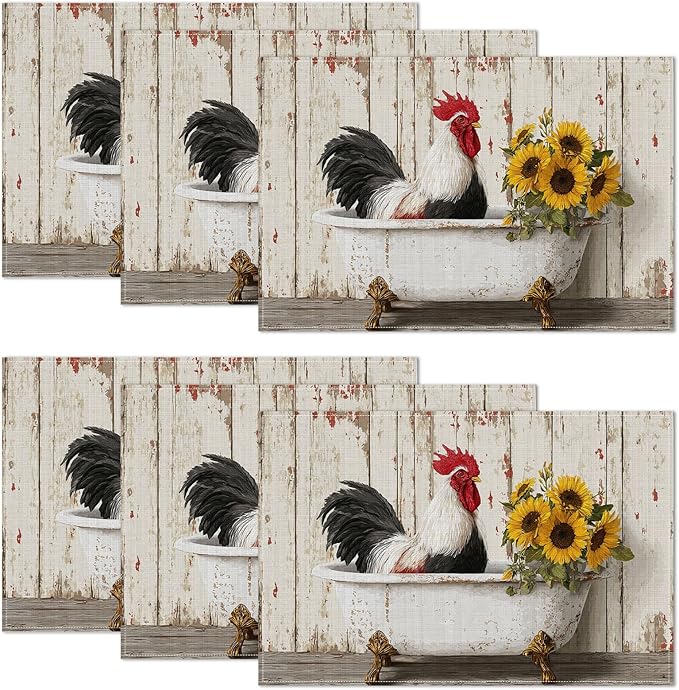 Rooster Sunflower Farmhouse Placemats Set of 6,12 x 18 Inch Table Mats Washable Heat Resistant Linen Fabric Rectangle Place Mat for Party Home Kitchen Dining