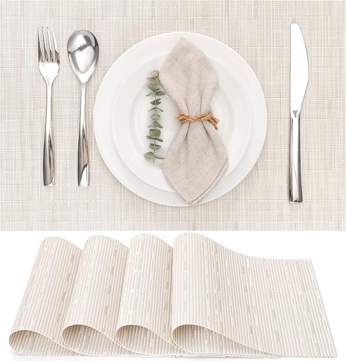Myir JUN Placemats Set of 4, Vinyl Woven Placemats Place Mats Indoor Set of 4 Washable Table Mats Non-Slip Place mats for Dining Table (B-Off White, Set of 4)
