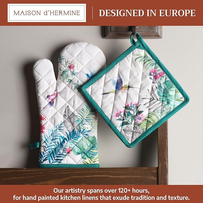 Maison d' Hermine 100% Cotton Oven Mitt & Pot Holder Set (7.5"x13" & 8"x8") Heat Resistant BBQ Cooking Gloves with Loop Baking Grilling Kitchen Gifts for Mothers Day Spring/Summer (Tropiques)