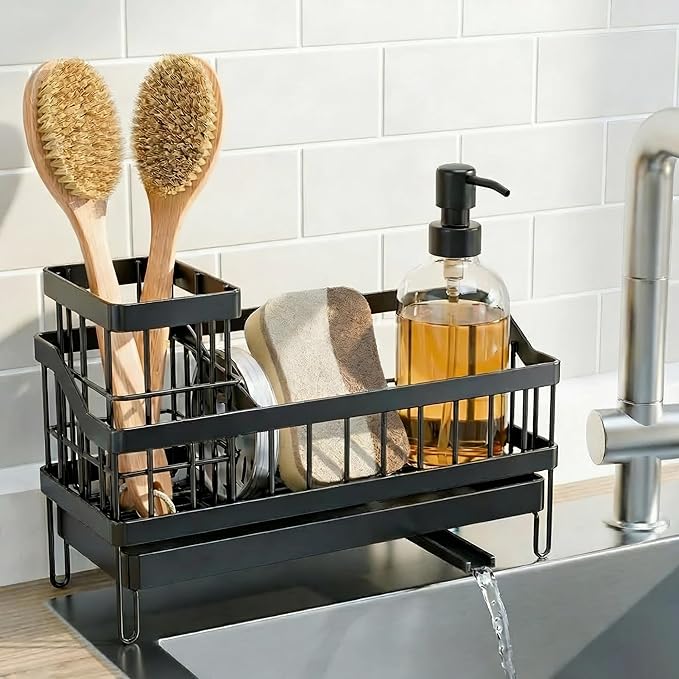 Sink Caddy with 360° Rotating Self Draining, Countertop Sponge Holder, Sink Side Organizer for Bottle Brushes, Sink Accessories for Kitchen, Bathroom - Black