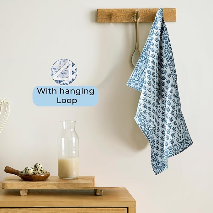 CPC Apatite Blue Hand Block Print Waffle Kitchen Towel Set of 3-16 x28 Ultra Absorbent Quick Dry Cotton Dish Towels Lightweight Reusable Sustainable Tea Towels for Cleaning and Drying