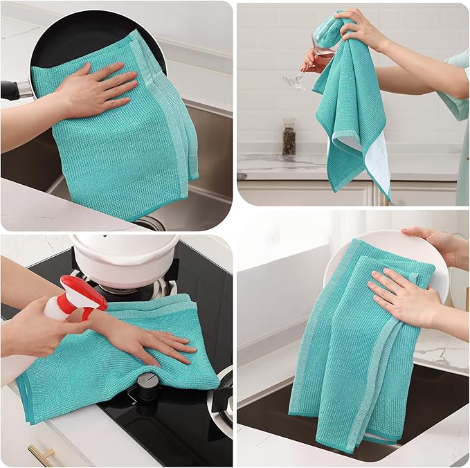 Mordimy Premium Kitchen Towels 6 Pack (18 x 28 Inches, Teal), Large Cotton Kitchen Hand Towel, Flat & Terry Dish Towels for Drying Dishes, Super Absorbent Tea Dishtowels Set with Hanging Loop