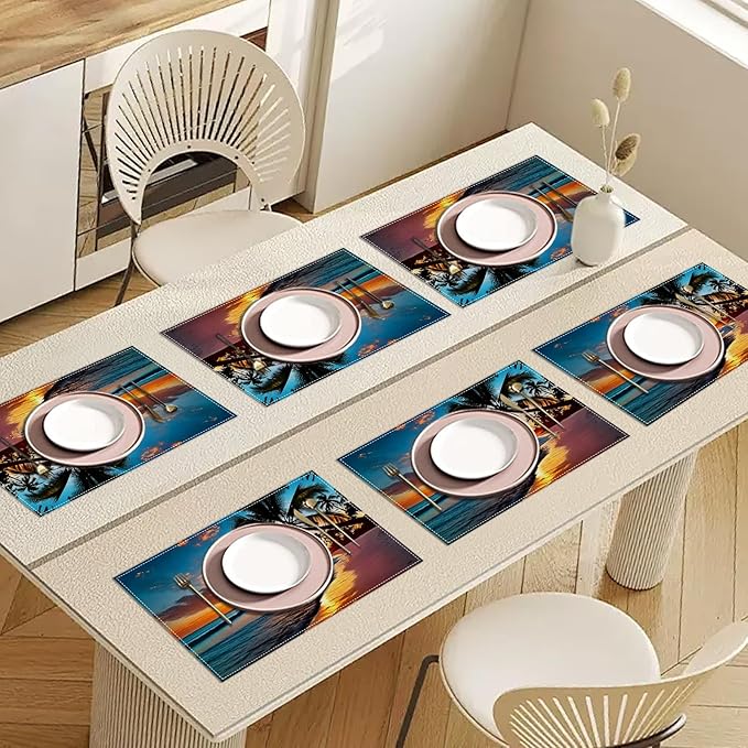 Tropical Beach Palm Tree Sunset Placemats Set of 6, Washable Heat Resistant Table Mat Linen Place Mats for Party Kitchen Dining Home Decor 12x18 Inch