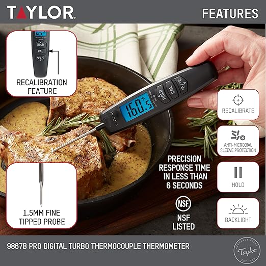 Taylor Digital Turbo Instant Read Thermocouple Meat Food Grill BBQ Cooking Kitchen Thermometer, Folding Probe, Black