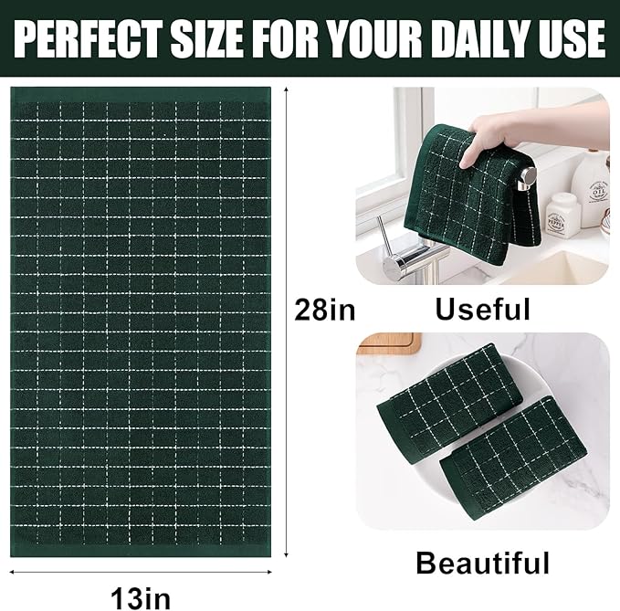 Homaxy 100% Cotton Terry Kitchen Towels(Blackish Green, 13 x 28 inches), Checkered Designed, Soft and Super Absorbent Dish Towels, 12 Pack