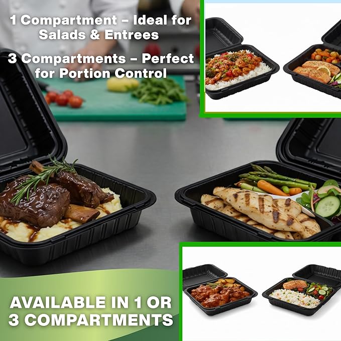 9x9 3-Compartment Hinged Vented Food Containers, 50 Pack – Clamshell Takeout Containers, Meal Prep Food Storage, 3 Compartment Food Containers, To Go Boxes & Cake Slice Box - Black