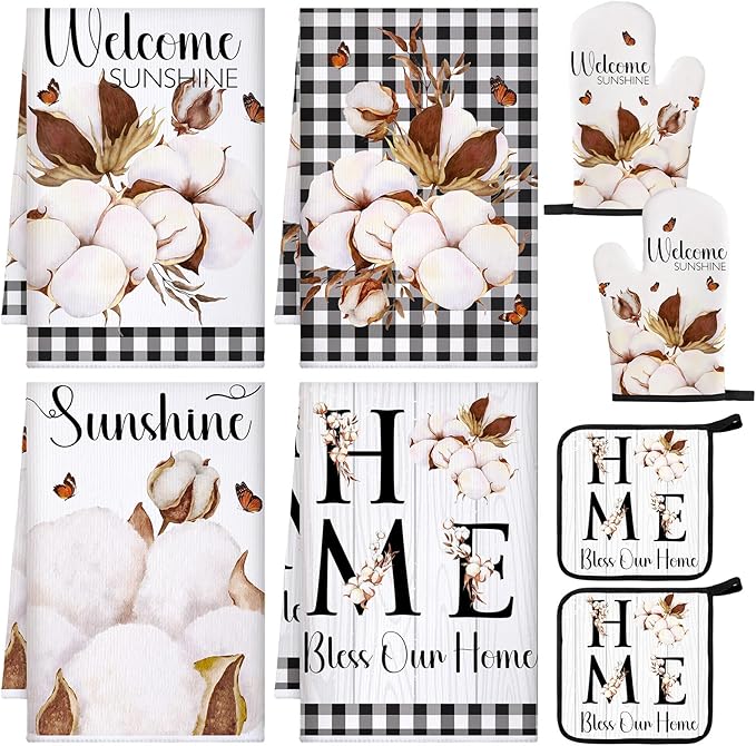 Leinuosen 8 Pcs Kitchen Towels and Dishcloths Sets Oven Mitts and Pot Holders Sets Absorbent Kitchen Gloves Potholders Heat Resistant for Chef Baking Cooking (White,Cotton)