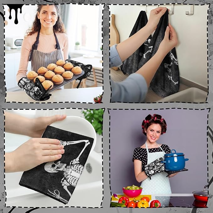 Leinuosen 6 Pcs Skull Kitchen Decor Set, Skull Kitchen Towels Gothic Oven Mitts and Pot Holders Skeleton Hand Dish Towels Horror Oven Mitts for Home Decor Party Gifts (Black,Cool)