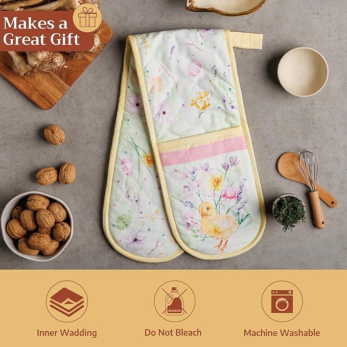 Maison d' Hermine Double Oven Mitts 100% Cotton 7"x35" Double Oven Mitt Heat Resistant BBQ Cooking Gloves with Loop Baking Grilling Gifts for Mothers Day Spring Summer (Easter Zest)
