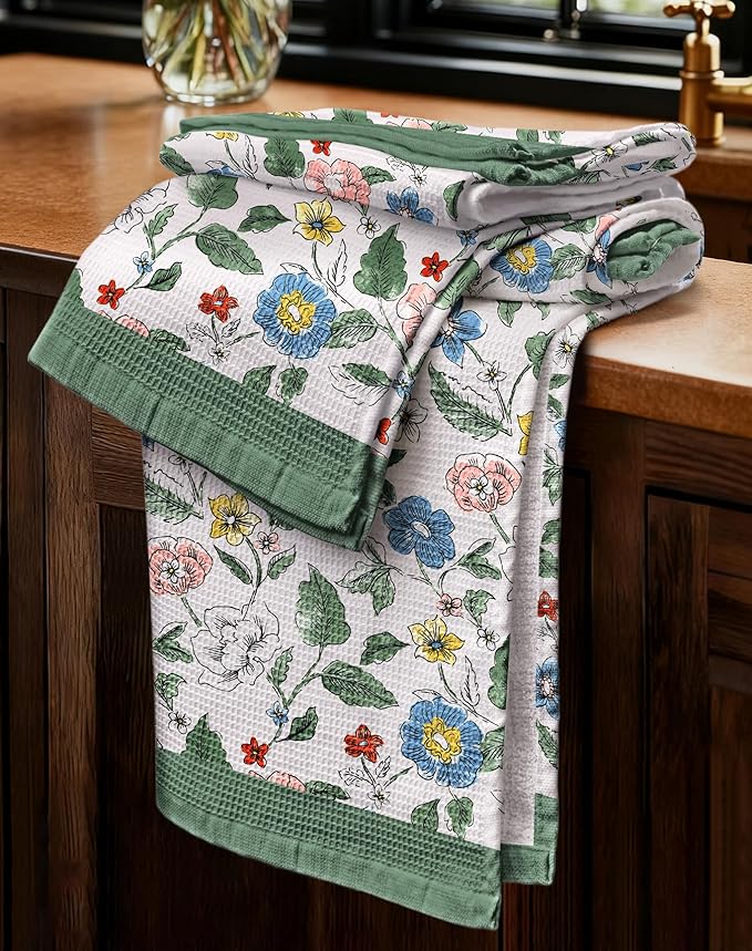 Miss Adola 2pcs Waffle Kitchen Towels - 16x26 Inch Cotton Waffle Weave Dish Cloths Set of 2 with Hanging Loop Absorbent Hand Tea Towels Elegant Design for Housewarming Gift, Vibrant Botanical