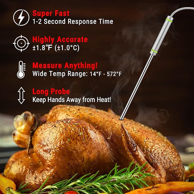 TempPro TP17H Digital Meat Thermometer with 4 Temperature Probes, HI/Low Alarm Smoker Food Thermometer with Colored Backlit LCD, BBQ Thermometer for Cooking Grill Kitchen Oven (Previously ThermoPro)