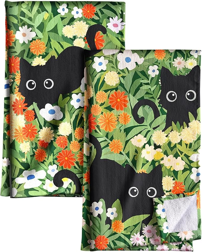Miss Adola Cotton Kitchen Towels Set of 2 - Cute Design 16×26 Inch Dish Towels for Kitchen with Hanging Loop Black Cats Quick Dry Hand Towels Soft & Absorbent, Home Decorative, Terry Cloth Tea Towels