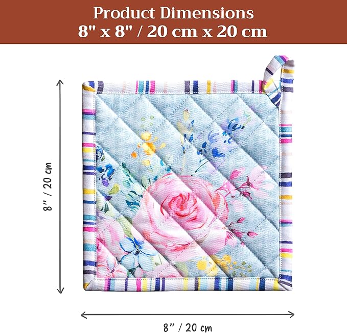 Maison d' Hermine Pot Holders 100% Cotton Heat Resistant Potholders 8" x 8" Hot Pads with Loop Baking Gifts for Mothers Day Handling Hot Pans Spring/Summer (Pack of 2, Sweet Rose Lavender - Lush)