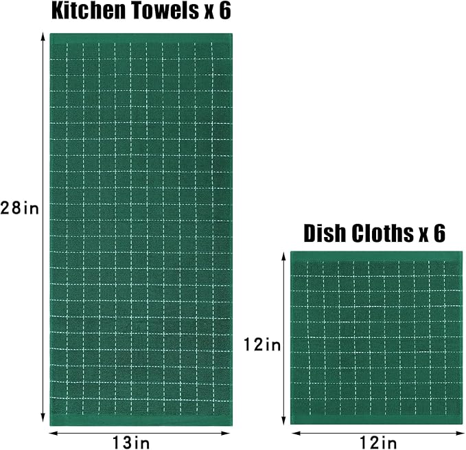 Homaxy Kitchen Towels and Dishcloths Set, 12 x 12 and 13 x 28 Inches, Set of 12 Bulk Cotton Terry Kitchen Towels Set, Checkered Designed, Soft and Super Absorbent Dish Towels, Dark Green