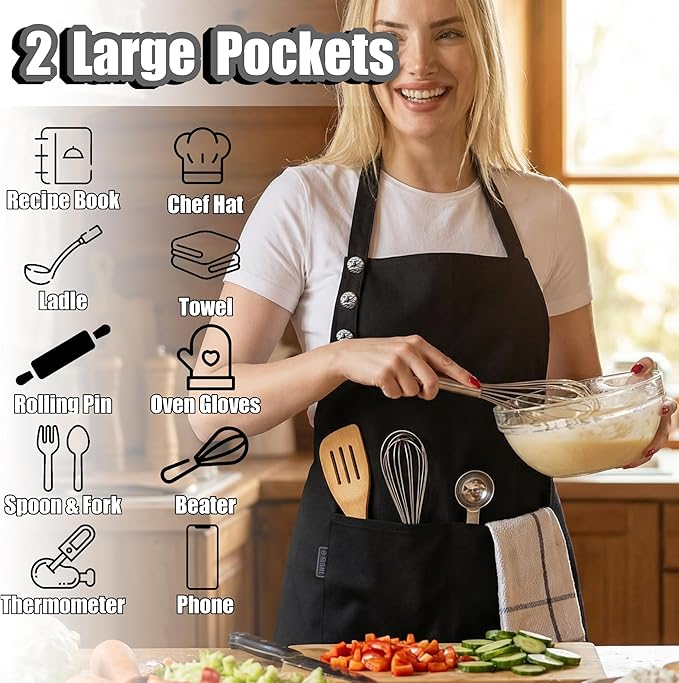 TOSHE Kitchen Apron Waterdrop Resistant Cotton Apron with adjustable Aprons for Women with Pockets Cooking Apron (2 Pack - Black)