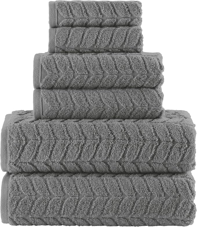 Elegant Comfort Luxury 6-Piece 100% Turkish Cotton Jacquard Braided Textured Premium Hotel Quality Towel Set– Soft and Absorbent, Includes 2 Bath Towels, 2 Hand Towels and 2 Washcloths, Gray