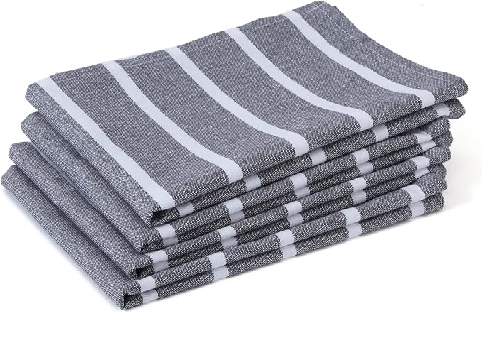 Encasa XO Cotton Kitchen Towel Set | Hand and Tea Cloth for Cleaning & Quick Drying, X-Large 28"x18" (Pack of 4) Highly Absorbent - Roma Grey Stripes
