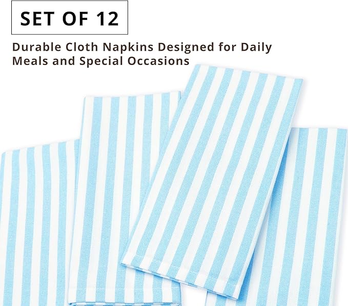PurpleEssences Plain Striped Cloth Napkins - Set of 12-100% Cotton - 18 x 18 Inch - Spring Easter Summer and Perfect Everyday Use Dinner Napkin - Aqua Blue White