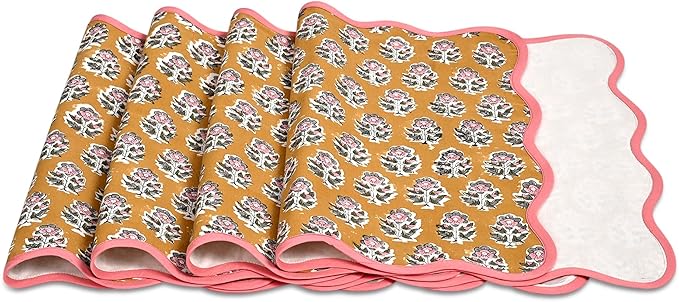 CPC Cotton Placemats Citrine Yellow Set of 4-Hand Block Printed Reversible Placemats, Flower Scalloped & Embroidered Cloth Table Mats - 14 x 20 inch Gift for Spring, Mother's Day