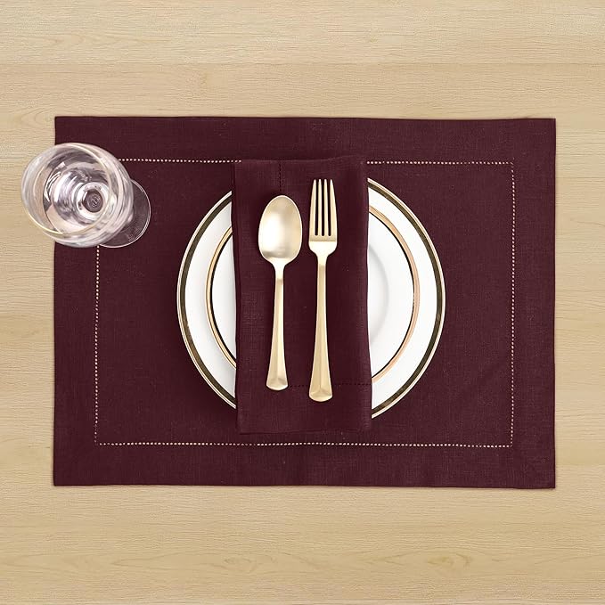 Solino Home Linen Cloth Napkins Set of 4-100% Pure Linen Burgundy Dinner Napkins 20 x 20 Inch for Mothers Day - Classic Hemstitch, Handcrafted and Machine Washable