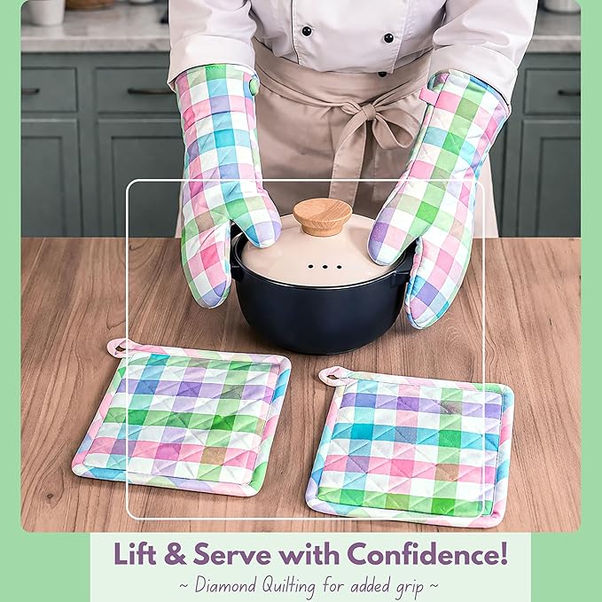 Native Fab 4 Piece Set - Gingham Check 2 Oven Mitts & 2 Potholders, Heat Resistant, 100% Cotton, Quilted Design, Non-Slip Grip, Ideal for Baking, Cooking, BBQ, Kitchen Protection, Multicolor