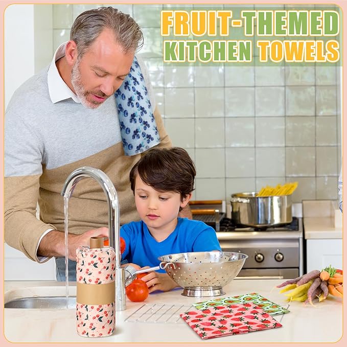 Redbaker 30 Pcs Reusable Paper Towels Rolls Kitchen Towels Bulk Washable Paperless Cloth Cotton Hand Napkins with Cardboard Reusable Napkins for Kitchen Bathroom (Fruit Style)